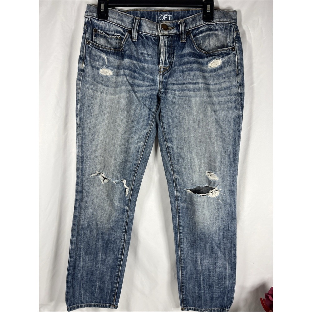 Ann Taylor LOFT Jeans Womens 0 Blue Boyfriend Button Fly Distressed 25/0 - Picture 2 of 16